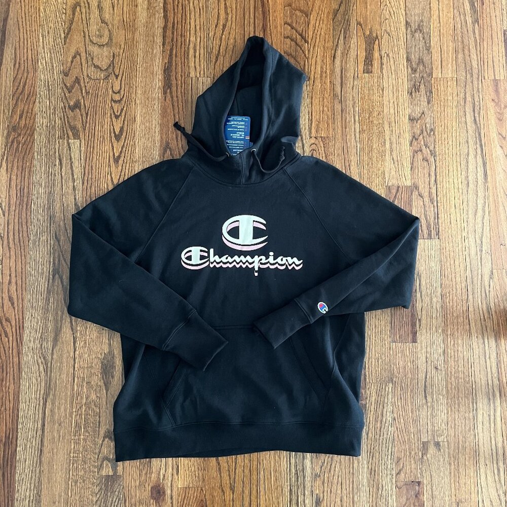Champion Relaxed Powerblend Black Hoodie Womens Pink White Sporty Streetwear L
